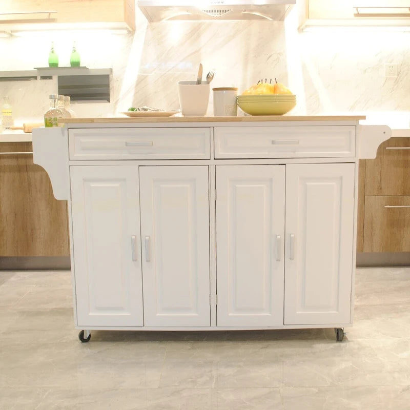 Rolling Kitchen Island Cart with Rubber Wood Top and Adjustable Shelf