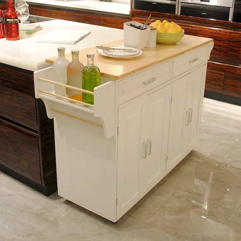 Rolling Kitchen Island Cart with Rubber Wood Top and Adjustable Shelf