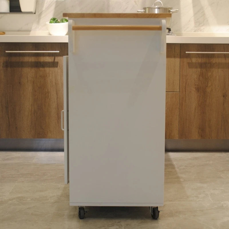 Rolling Kitchen Island Cart with Rubber Wood Top and Adjustable Shelf