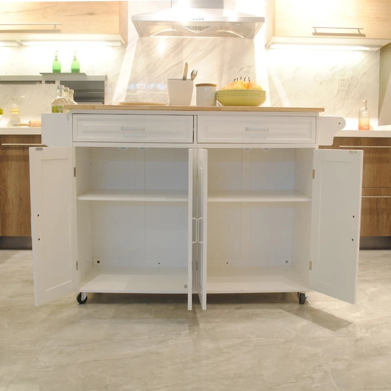 Rolling Kitchen Island Cart with Rubber Wood Top and Adjustable Shelf
