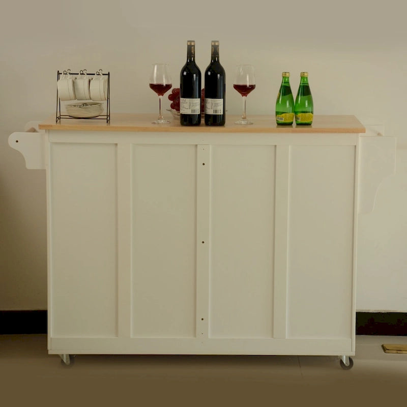 Rolling Kitchen Island Cart with Rubber Wood Top and Adjustable Shelf