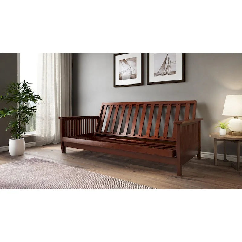 Full Size Futon Sofa Bed Frame with Mid-Century Modern Wood Slats