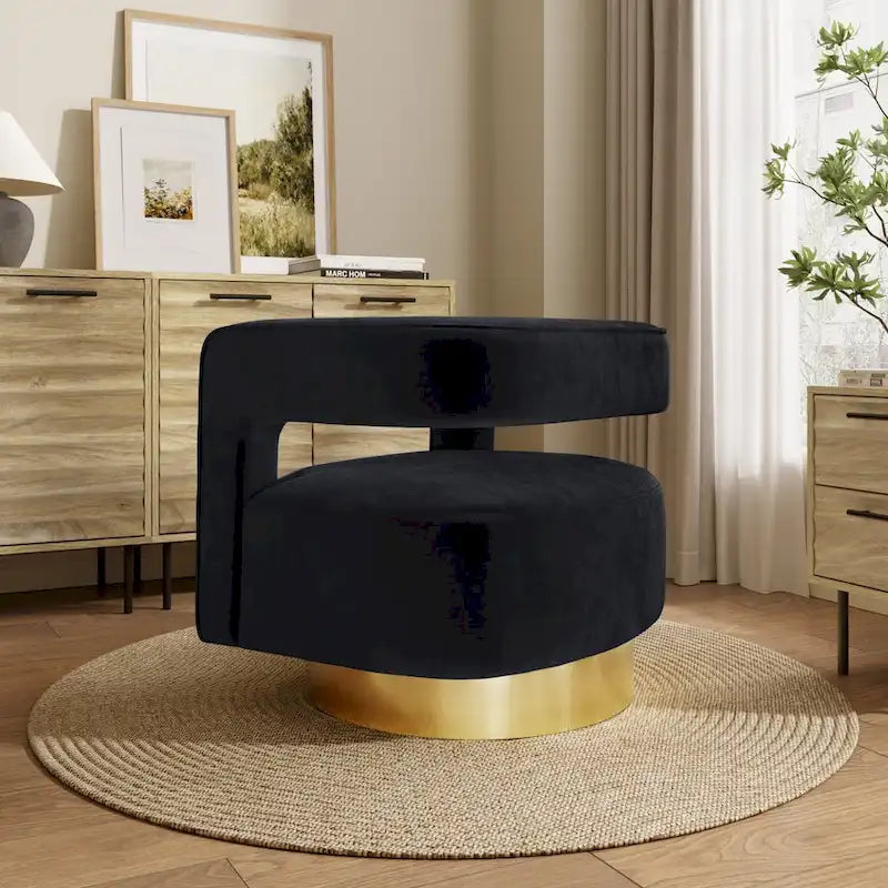 Upholstered Black Velvet Open Back Club Chair with Gold Base