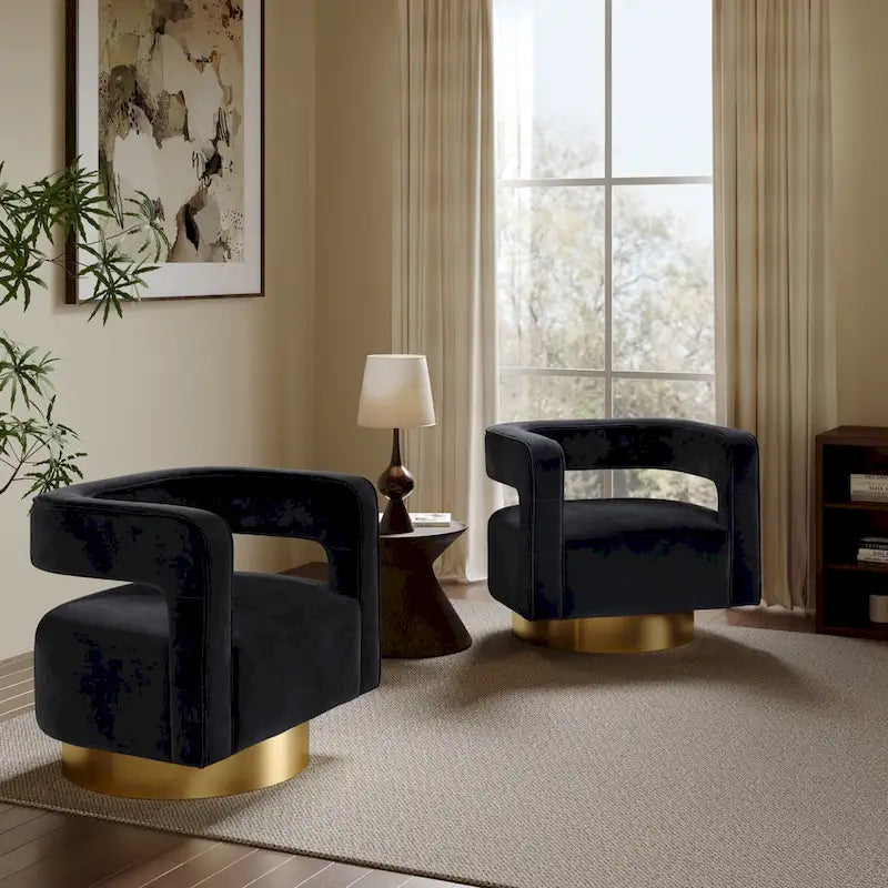 Upholstered Black Velvet Open Back Club Chair with Gold Base