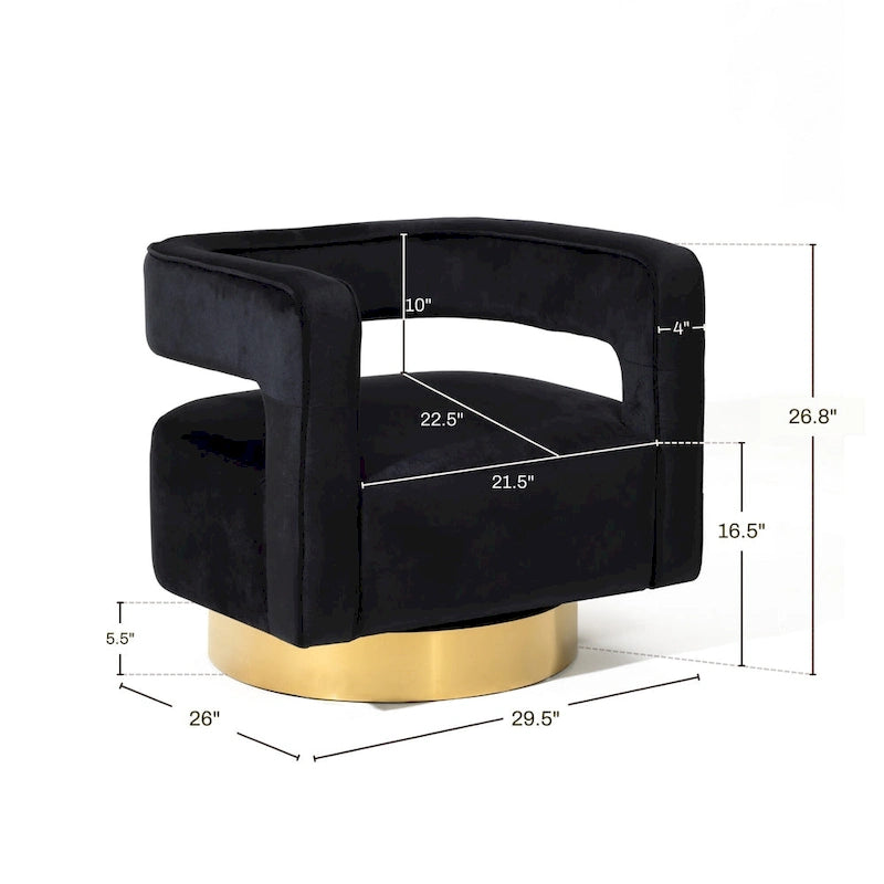 Upholstered Black Velvet Open Back Club Chair with Gold Base