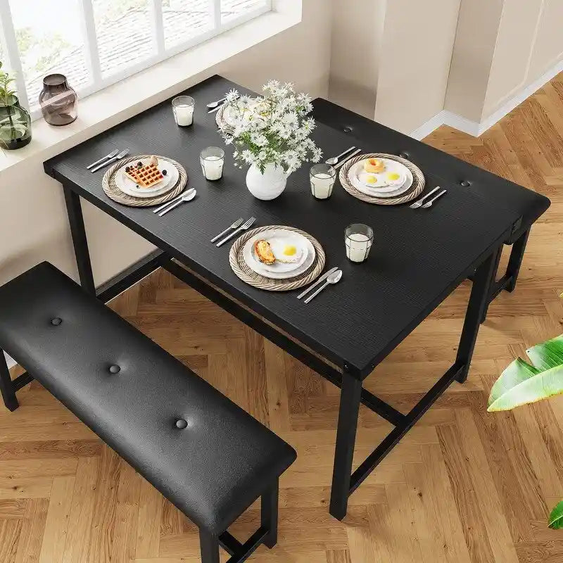 Industrial Style Dining Table Set with 2 Upholstered Benches