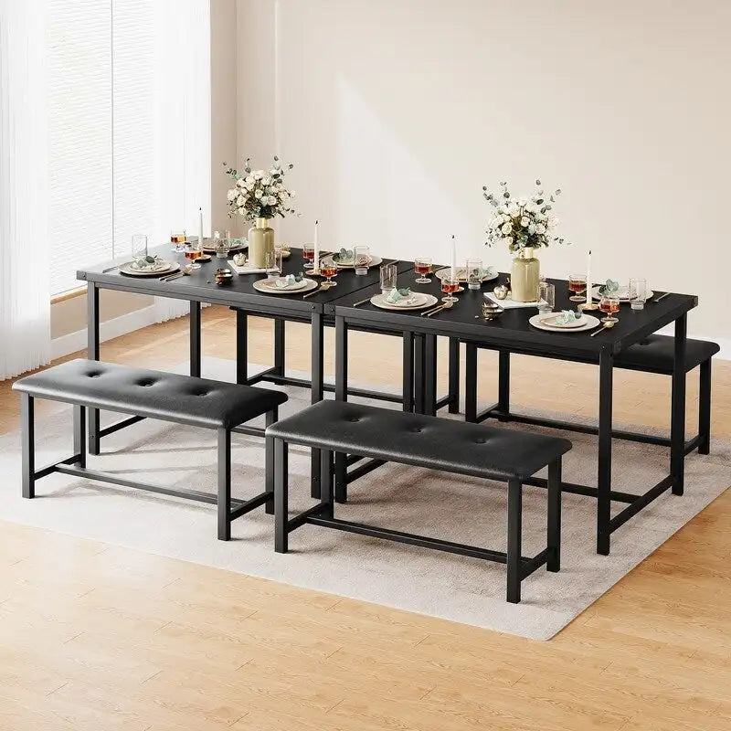 Industrial Style Dining Table Set with 2 Upholstered Benches