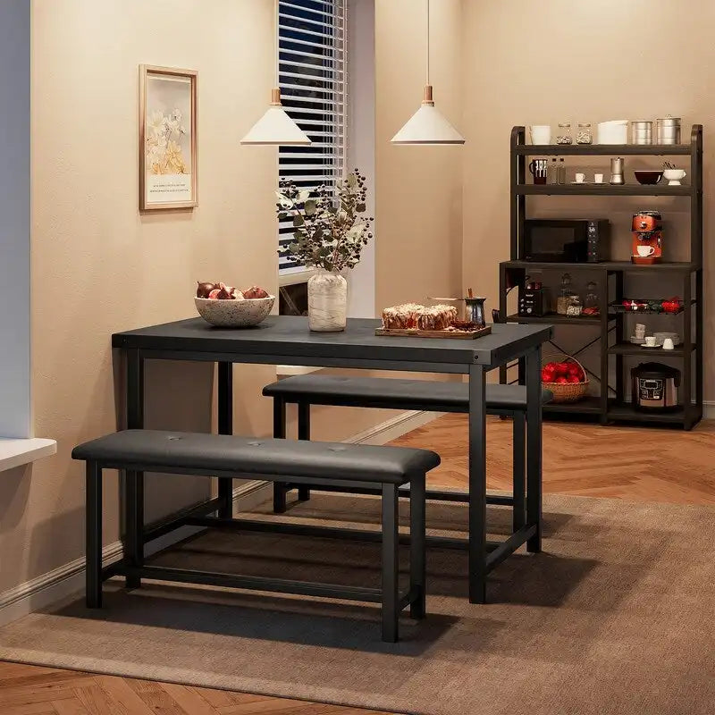 Industrial Style Dining Table Set with 2 Upholstered Benches