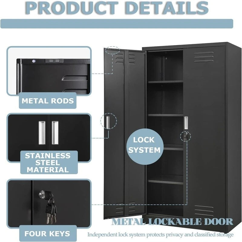 71-Inch Locking Metal Storage Cabinet with Adjustable Shelves for Garage