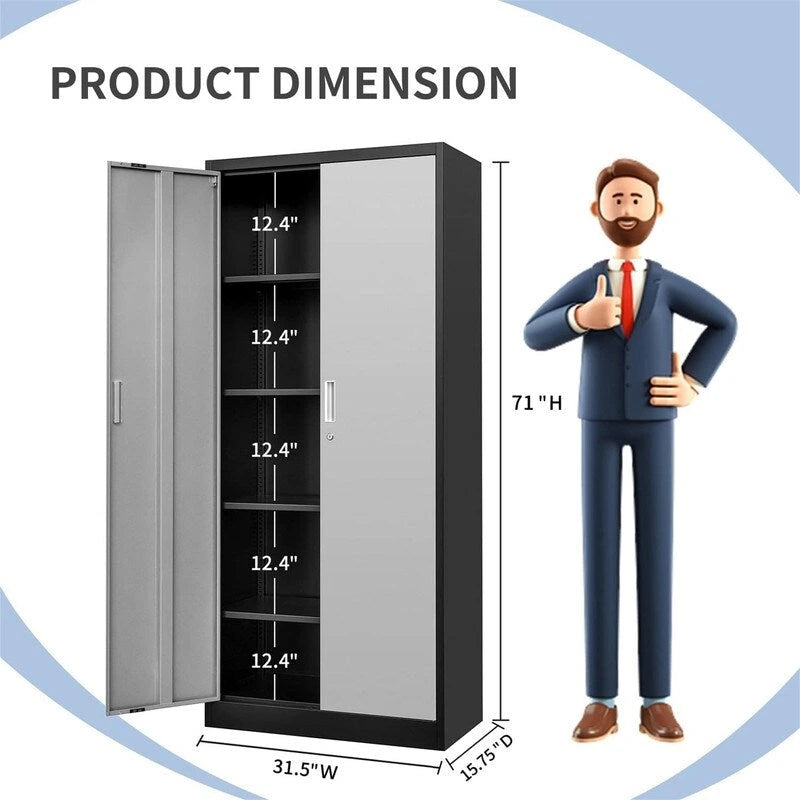 71-Inch Locking Metal Storage Cabinet with Adjustable Shelves for Garage