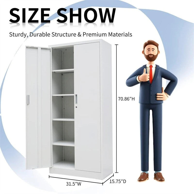 71-Inch Locking Metal Storage Cabinet with Adjustable Shelves for Garage