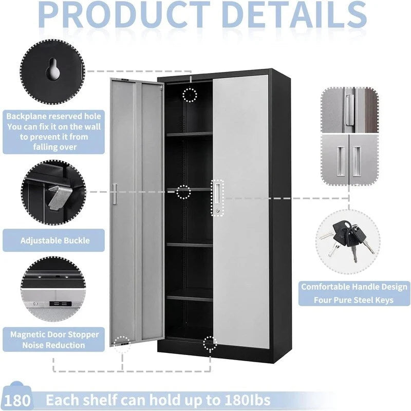 71-Inch Locking Metal Storage Cabinet with Adjustable Shelves for Garage