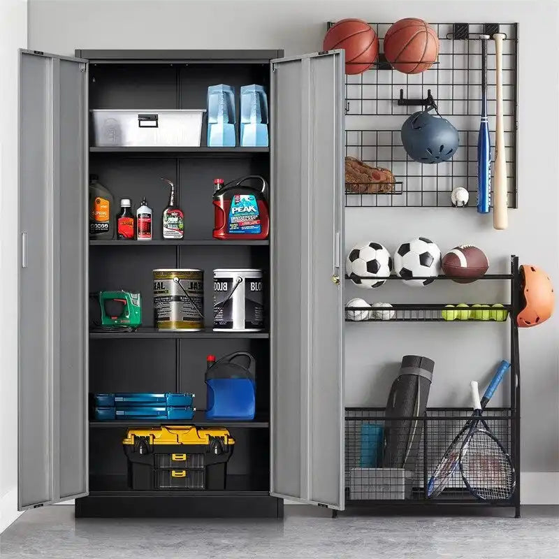 71-Inch Locking Metal Storage Cabinet with Adjustable Shelves for Garage