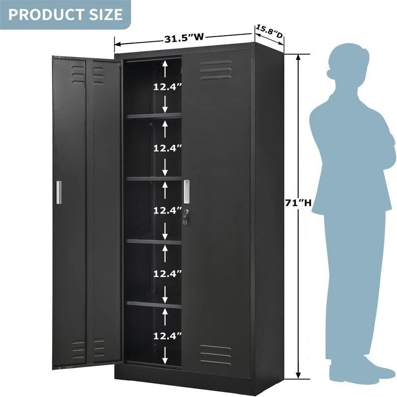 71-Inch Locking Metal Storage Cabinet with Adjustable Shelves for Garage