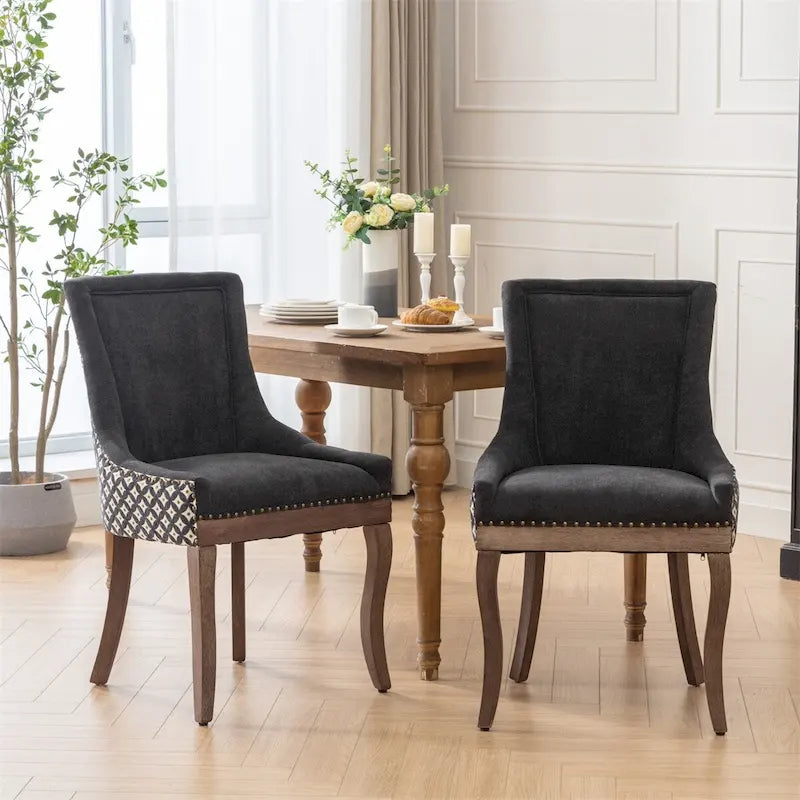 Thickened Fabric Dining Chair with High Backrest and Solid Wood Legs Set of 2