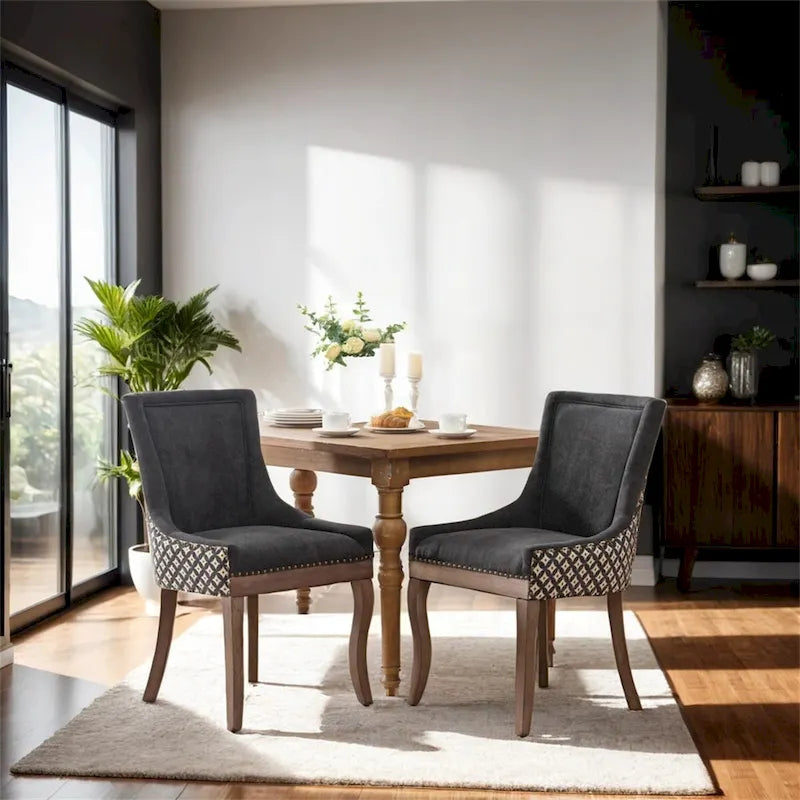 Thickened Fabric Dining Chair with High Backrest and Solid Wood Legs Set of 2