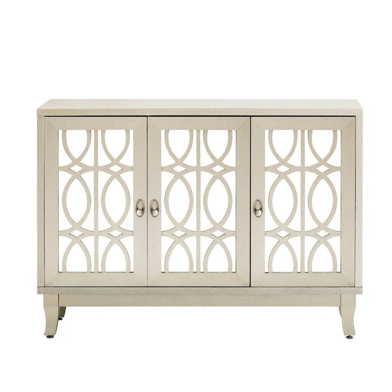 Sideboard Buffet Cabinet with 3 Mirrored Glass Doors and Silver Handle