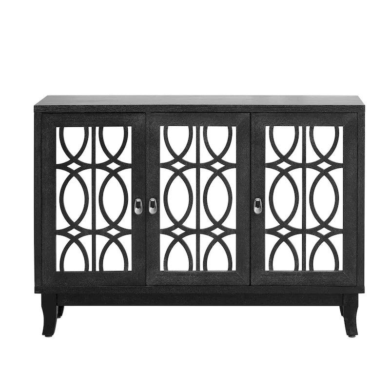 Sideboard Buffet Cabinet with 3 Mirrored Glass Doors and Silver Handle