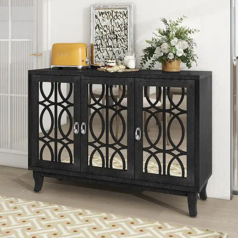 Sideboard Buffet Cabinet with 3 Mirrored Glass Doors and Silver Handle