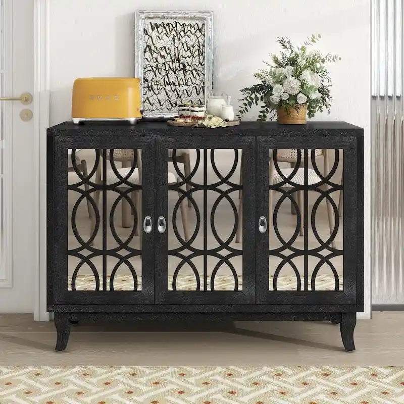 Sideboard Buffet Cabinet with 3 Mirrored Glass Doors and Silver Handle