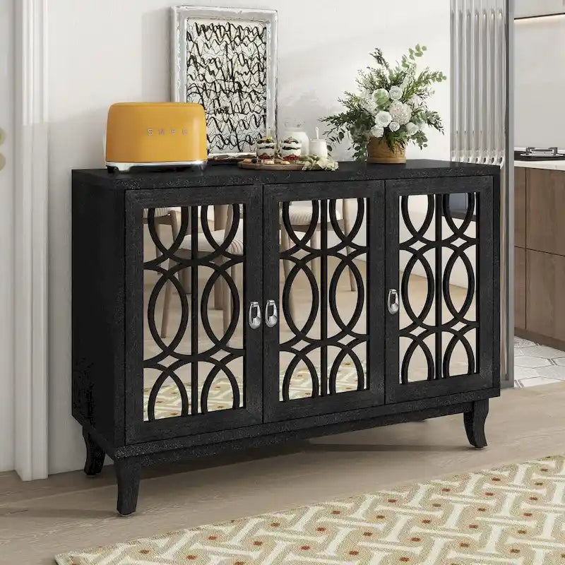 Sideboard Buffet Cabinet with 3 Mirrored Glass Doors and Silver Handle
