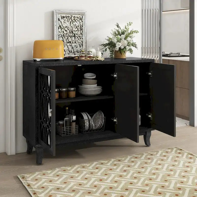 Sideboard Buffet Cabinet with 3 Mirrored Glass Doors and Silver Handle