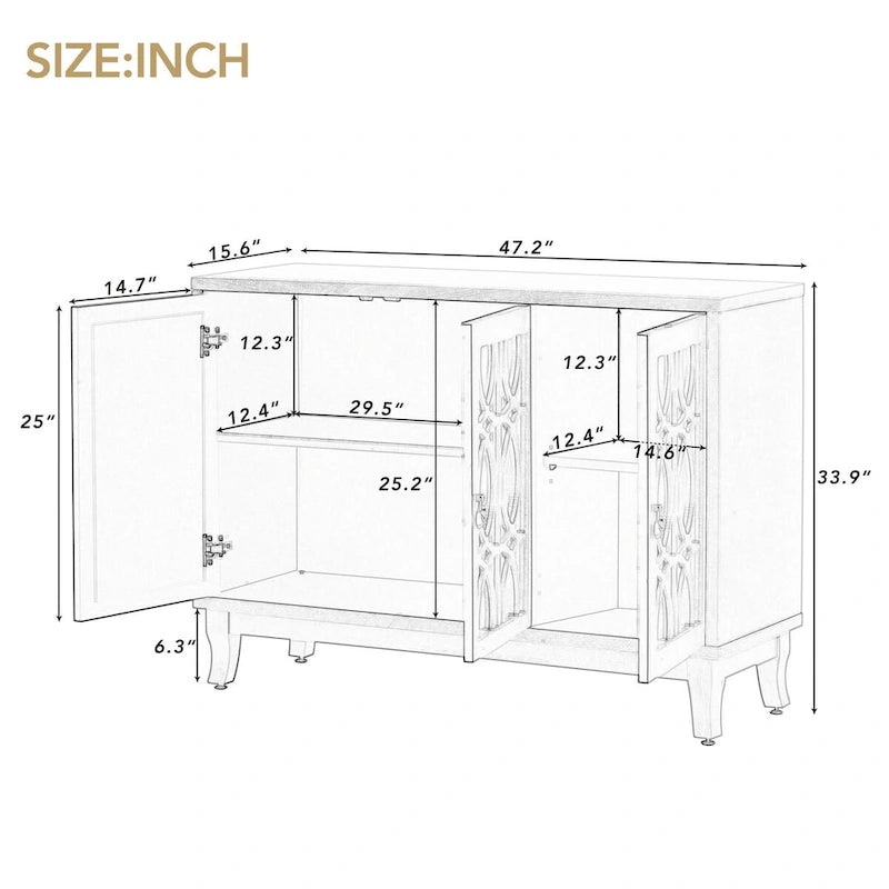 Sideboard Buffet Cabinet with 3 Mirrored Glass Doors and Silver Handle