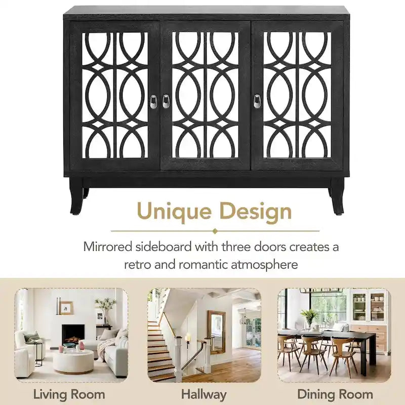Sideboard Buffet Cabinet with 3 Mirrored Glass Doors and Silver Handle