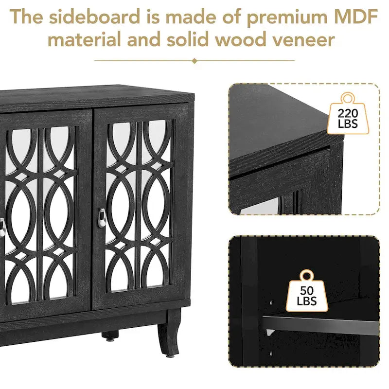 Sideboard Buffet Cabinet with 3 Mirrored Glass Doors and Silver Handle