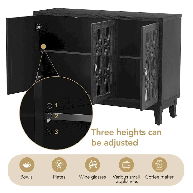 Sideboard Buffet Cabinet with 3 Mirrored Glass Doors and Silver Handle