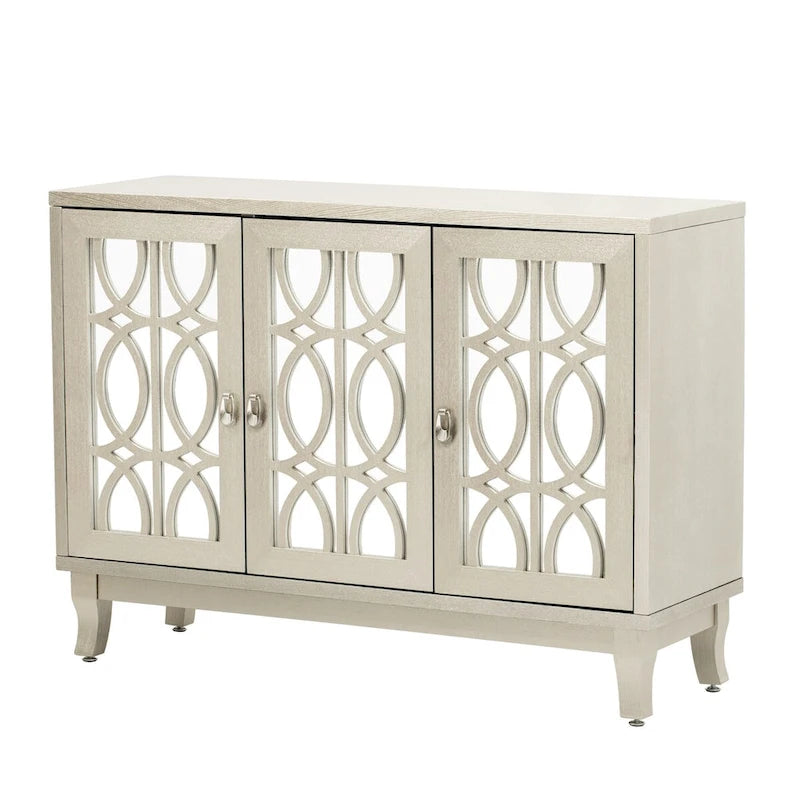 Sideboard Buffet Cabinet with 3 Mirrored Glass Doors and Silver Handle