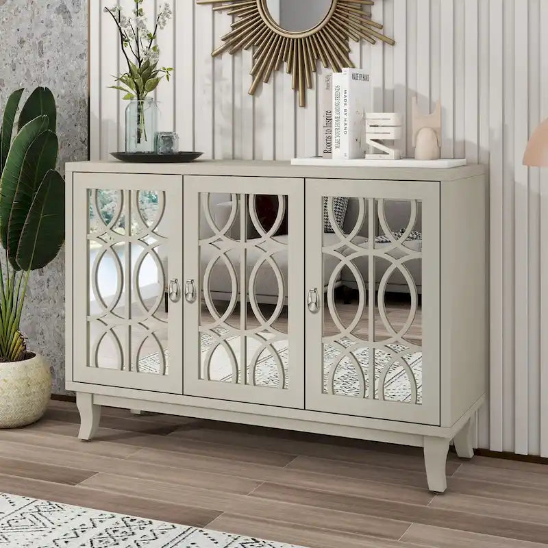 Sideboard Buffet Cabinet with 3 Mirrored Glass Doors and Silver Handle