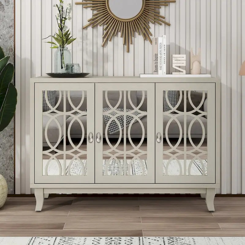 Sideboard Buffet Cabinet with 3 Mirrored Glass Doors and Silver Handle