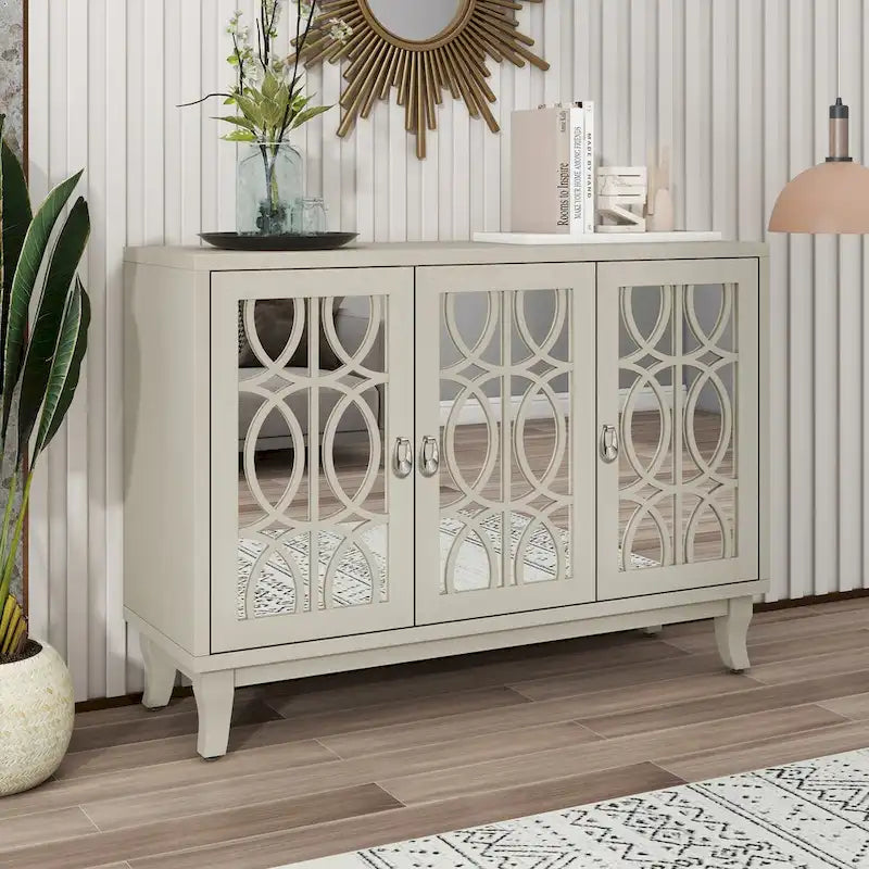 Sideboard Buffet Cabinet with 3 Mirrored Glass Doors and Silver Handle