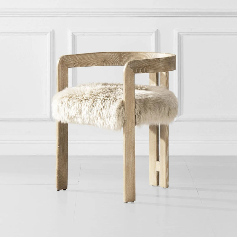 Sheepskin Upholstered Dining Chair with Ash Wood Frame Low Back Arms