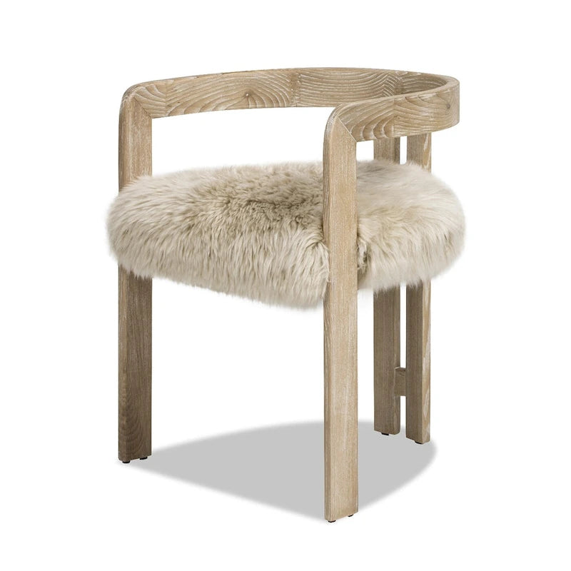 Sheepskin Upholstered Dining Chair with Ash Wood Frame Low Back Arms