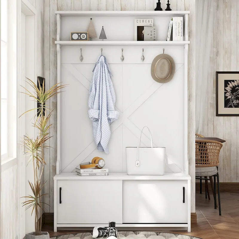 Hall Tree with Storage Bench and Sliding Door Shoe Cabinet