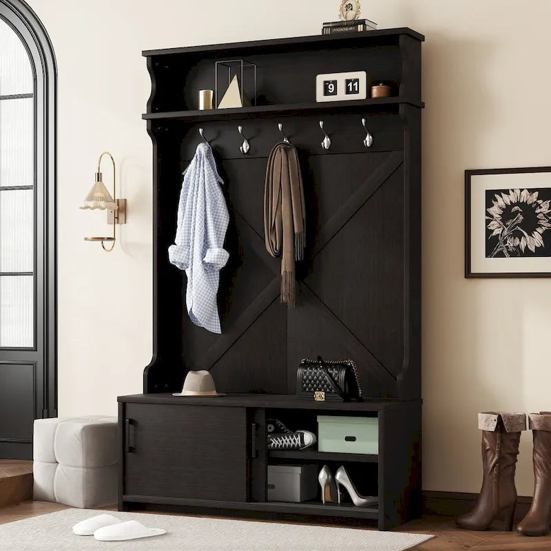 Hall Tree with Storage Bench and Sliding Door Shoe Cabinet