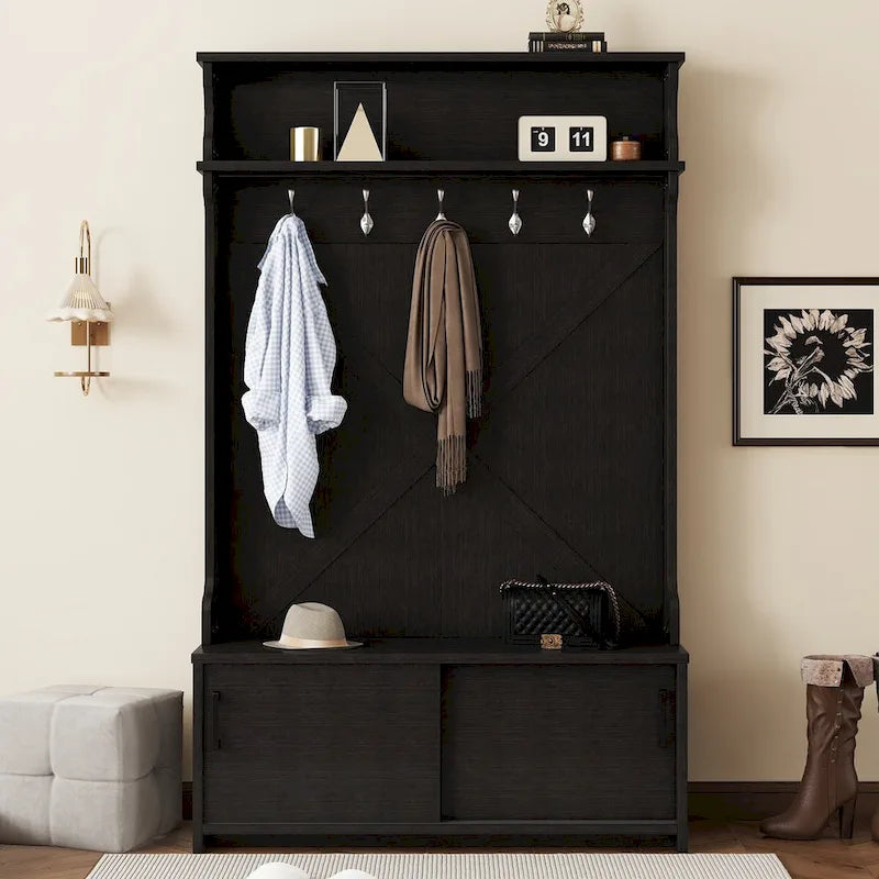 Hall Tree with Storage Bench and Sliding Door Shoe Cabinet